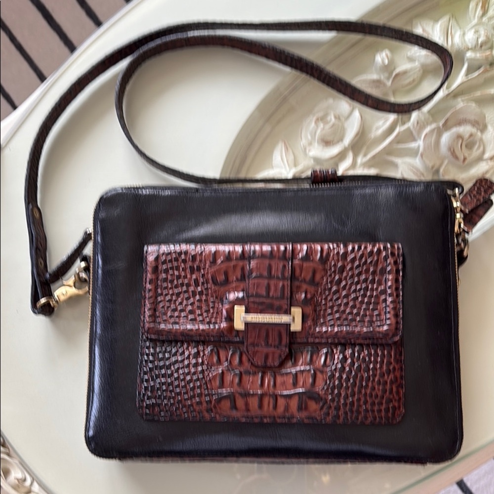 Brahmin Black and Brown Leather Crossbody Bag with Croc-Embossed Detail